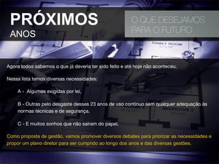 PRÓXIMOS
ANOS
O QUE DESEJAMOS
PARA O FUTURO
Agora todos sabemos o que já deveria ter sido feito e até hoje não aconteceu.
Nessa lista temos diversas necessidades:
A - Algumas exigidas por lei,
B - Outras pelo desgaste desses 23 anos de uso contínuo sem qualquer adequação às
normas técnicas e de segurança. 
C - E muitos sonhos que não saíram do papel.
Como proposta de gestão, vamos promover diversos debates para priorizar as necessidades e
propor um plano diretor para ser cumprido ao longo dos anos e das diversas gestões.
 