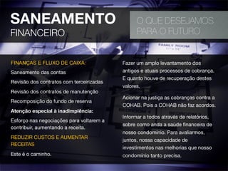 SANEAMENTO
FINANCEIRO
O QUE DESEJAMOS
PARA O FUTURO
FINANÇAS E FLUXO DE CAIXA:
Saneamento das contas
Revisão dos contratos com terceirizadas
Revisão dos contratos de manutenção
Recomposição do fundo de reserva
Atenção especial à inadimplência:
Esforço nas negociações para voltarem a
contribuir, aumentando a receita.
REDUZIR CUSTOS E AUMENTAR
RECEITAS
Este é o caminho.
Fazer um amplo levantamento dos
antigos e atuais processos de cobrança.
E quanto houve de recuperação destes
valores.
Acionar na justiça as cobranças contra a
COHAB. Pois a COHAB não faz acordos.
Informar a todos através de relatórios,
sobre como anda a saúde ﬁnanceira de
nosso condomínio. Para avaliarmos,
juntos, nossa capacidade de
investimentos nas melhorias que nosso
condomínio tanto precisa.
 
