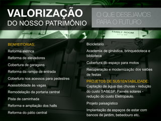 VALORIZAÇÃO
DO NOSSO PATRIMÔNIO
O QUE DESEJAMOS
PARA O FUTURO
BENFEITORIAS:
Reforma elétrica
Reforma de elevadores
Cobertura de garagens
Reforma da rampa de entrada
Cobertura nos acessos para pedestres
Acessibilidade às vagas
Remodelação da portaria central
Pista de caminhada
Reforma e ampliação dos halls
Reforma do pátio central

Bicicletário
Academia de ginástica, brinquedoteca e
biblioteca
Cobertura do espaço para motos
Recuperação e modernização dos salões
de festas
PROJETOS DE SUSTENTABILIDADE: 
Captação de água das chuvas - redução
do custo SABESP. Painéis solares -
redução do custo Eletropaulo.
Projeto paisagístico
Implantação de espaços de estar com
bancos de jardim, bebedouro etc.
 