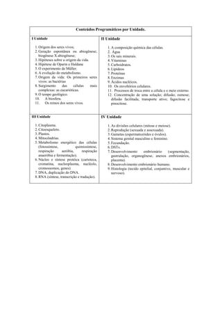 Conteúdos Programáticos por Unidade.

I Unidade                                     II Unidade
 1. Origem dos seres vivos;                      1. A composição química das células.
 2. Geração espontânea ou abiogênese;            2. Água
    biogênese X abiogênese;                      3. Os sais minerais.
 3. Hipóteses sobre a origem da vida.            4. Vitaminas
 4. Hipótese de Oparin e Haldane                 5. Carboidratos.
 5. O experimento de Müller.                     6. Lipídeos
 6. A evolução do metabolismo.                   7. Proteínas
 7. Origem da vida: Os primeiros seres           8. Enzimas
    vivos: as bactérias                          9. Ácidos nucléicos.
 8. Surgimento      das    células    mais       10. Os envoltórios celulares.
    complexas: as eucarióticas.                  11. Processos de troca entre a célula e o meio externo.
 9. O tempo geológico.                           12. Concentração de uma solução; difusão; osmose;
 10. A biosfera.                                    difusão facilitada; transporte ativo; fagocitose e
 11. Os reinos dos seres vivos.                     pinocitose.


III Unidade                                   IV Unidade

 1. Citoplasma.                                  1. As divisões celulares (mitose e meiose).
 2. Citoesqueleto.                               2. Reprodução (sexuada e assexuada).
 3. Plastos.                                     3. Gametas (espermatozóides e óvulos).
 4. Mitocôndrias.                                4. Sistema genital masculino e feminino.
 5. Metabolismo energético das células           5. Fecundação.
    (fotossíntese,          quimiosíntese,       6. DSTs.
    respiração     aeróbia,      respiração      7. Desenvolvimento       embrionário      (segmentação,
    anaeróbia e fermentação).                       gastrulação, organogênese, anexos embrionários,
 6. Núcleo e síntese protéica (carioteca,           placenta).
    cromatina, nucleoplasma, nucléolo,           8. Desenvolvimento embrionário humano.
    cromossomos, genes)                          9. Histologia (tecido epitelial, conjuntivo, muscular e
 7. DNA, duplicação do DNA.                         nervoso).
 8. RNA (síntese, transcrição e tradução).
 