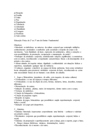 p) Respeito
q) Família
r) União
s) Paz
t) Organização
u) Tolerância
v) Liberdade
w) Humildade
x) Coragem
y) Paciência
z) Auto-estima
Educação Física do 2º ao 5º ano do Ensino Fundamental
Objetivos:
• Introduzir os indivíduos no universo da cultura corporal que contempla múltiplos
conhecimentos produzidos e usufruídos pela sociedade a respeito do corpo e do
movimento, “com finalidade de lazer, expressão de sentimentos, afetos e emoções e
com possibilidades de promoção, recuperação e manutenção da saúde”;
• Participar de atividades corporais, estabelecendo relações equilibradas e construtivas
com os outros, reconhecendo e respeitando características físicas e de desempenho de si
próprio e dos outros;
• Adotar atitudes de respeito mútuo, dignidade e solidariedade em situações lúdicas e
esportivas, repudiando qualquer tipo de violência;
• Conhecer, organizar e interferir no espaço de forma autônoma, bem como reivindicar
locais adequados para promover atividades corporais de lazer, reconhecendo-as como
uma necessidade básica do ser humano e um direito do cidadão.
1 _ Jogos e Brincadeiras (populares, de salão, com raquetes, de outras culturas)
• A brincadeira e o uso de espaços e tempos diferentes;
• A brincadeira e o uso de objeto de cores, formas, números, letras, desenhos, texturas
diferentes;
• Memorização de cantos;
• Imitação de animais, plantas, meios de transportes, dentre outros com o corpo;
• Vivência do simbólico;
• Criação de brinquedos e brincadeiras;
• Criação de pequenas regras;
• Respeito às regras;
• Vivência de jogos, brincadeiras que possibilitem ampla experimentação corporal,
lúdica e social;
• Iniciação aos jogos pré-desportivos.
2 _ Ginástica
• Ginástica historiada (representar corporalmente uma história – conhecer e valorizar
seu próprio corpo);
• Movimentos corporais que possibilitem ampla experimentação corporal, lúdica e
social;
• Ginástica de preparação e aperfeiçoamento para a dança, para o esporte, jogos e lutas;
3 _ Dança ( danças folclóricas, mímicas, dramatizações, teatro)
• Reconhecimento de si mesmo e do outro;
 