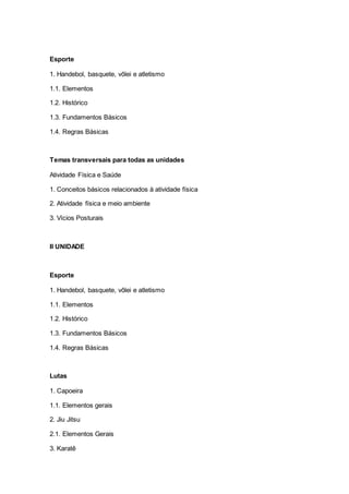 Esporte
1. Handebol, basquete, vôlei e atletismo
1.1. Elementos
1.2. Histórico
1.3. Fundamentos Básicos
1.4. Regras Básicas
Temas transversais para todas as unidades
Atividade Física e Saúde
1. Conceitos básicos relacionados à atividade física
2. Atividade física e meio ambiente
3. Vícios Posturais
II UNIDADE
Esporte
1. Handebol, basquete, vôlei e atletismo
1.1. Elementos
1.2. Histórico
1.3. Fundamentos Básicos
1.4. Regras Básicas
Lutas
1. Capoeira
1.1. Elementos gerais
2. Jiu Jitsu
2.1. Elementos Gerais
3. Karatê
 