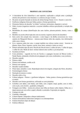 Arte
25
PROPOSTA DE CONTEÚDOS
 A descoberta da Arte (identificar a arte ruprestre, explicando a relação entre a produção
artística dos primeiros seres humanos e o contexto em que viviam).
 De ponto em ponto baseado na técnica do artista Geroge Seraut. Livro - Seurat e o arco-íris
 Grafismos indígenas feitos por linhas, pontos e formas geométricas
 Elementos básicos do desenho ―as linhas‖ (verticais, horizontais, diagonais e curvas).
 Onde vivemos (organizar materiais e executar trabalhos artíticos percebendo a variação dos
traços)
 Barulhinhos do campo (identificação dos sons riachos, pássaros,animais, insetos, vento e
outros).
 Barulhos na escola (observação dos sons na escola e registros através dos desenhos)
 Sons curtos (do coração tum, tum,tum) e sons longos ( da abelha zzzzzzzzzz) etc. Livro
canteiro de Margareth Daresso – músicas para brincar além das canções, traz informações
sobre sons e ritmos.
 Cor e natureza (além dos sons, o campo também nos oferece muitas cores). Associar as
plantas, frutas, flores, legumes, carvão, terra, barro, animais e outros as cores).
 Pintura utilizando tipos de terra. Receita da tinta de terra (1 colher de terra, 1 colher de água,
1 colher de cola. Modo de fazer- misture tudoem uma vasilha e a já está pronto.
 Escultura em barro
 Cores primárias – sugestão do livro de Tarsila e o papagaio Juvenal, de Mércia Leitão e
Neide Duarte, retratando a história de um papagaio com cores exuberantes e sua aventuras.
 Desenho soprado
 Pintura a dedo
 Pintura com barbante, cordão ou lã
 Pintura com esponja
 Desenho vazado (molde)
 Flores tipos, tamanho e cores. Reprodução através de origami, colagem das flores, desenhos.
 Fotomontagem cômica
 Ilustração de música e contos
 Desenho sobre a lixa
 Cultura indígena – Pintura - ( grafismos indígenas – linhas, pontos e formas geométricas que
se unem)
 Desenho com formas geométricas, utilizando as cores primárias
 Carimbos com dedos, com batata, com folha, com a digital, maçã, quiabo, com as mãos,
com os pés, com círculos , quadrados, triângulos.
 Frotagem com folhas – técnica de colocar uma folha em branco sobre objetos, folhas etc. e
depois passar giz cera sobre o papel, obtendo o conteúdos. Exposição em seguida.
 Cantigas de roda
 Cantando e dançando
 Cultura Popular (folguedos e danças tradicionais)
 Folclore brincadeiras tradicionais (antigas) e as contemporâneas
 Folclore brasileiro (tipos de dança)
 Folclore (Música)
 
