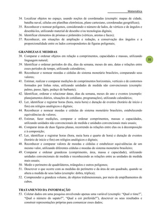 Matemática
35
34. Localizar objetos no espaço, usando noções de coordenadas (exemplo: mapas de cidade,
batalha naval, células em planilhas eletrônicas, plano cartesiano, coordenadas geográficas);
35. Reconhecer e nomear polígonos, considerando o número de lados, de vértices e de ângulos e
desenhá-los, utilizando material de desenho e/ou tecnologias digitais;
36. Identificar elementos de prismas e pirâmides (vértices, arestas e faces);
37. Reconhecer, em situações de ampliação e redução, a conservação dos ângulos e a
proporcionalidade entre os lados correspondentes de figuras poligonais;
GRANDEZAS E MEDIDAS
38. Comparar e ordenar objetos em relação a comprimentos, capacidades e massas, utilizando
linguagem natural;
39. Identificar e ordenar períodos do dia, dias da semana, meses do ano, datas e relações entre
esses períodos de tempo, utilizando calendários;
40. Reconhecer e nomear moedas e cédulas do sistema monetário brasileiro, comparando seus
valores;
41. Estimar, realizar e comparar medições de comprimentos horizontais, verticais e de contornos
formados por linhas retas, utilizando unidades de medida não convencionais (exemplo:
palmo, passo, lápis, pedaço de barbante);
42. Identificar, ordenar e relacionar datas, dias da semana, meses do ano e eventos (exemplo:
planejamentos diários, situações do cotidiano, programações), utilizando calendários;
43. Ler, identificar e registrar horas (hora, meia hora) e duração de eventos (horário de início e
fim) em relógios analógicos e digitais;
44. Reconhecer e nomear moedas e cédulas do sistema monetário brasileiro, estabelecendo
equivalências de valores;
45. Estimar, fazer medições, comparar e ordenar comprimentos, massas e capacidades,
utilizando unidades não convencionais de medida e unidades convencionais mais usuais;
46. Comparar áreas de duas figuras planas, recorrendo às relações entre elas ou à decomposição
e à composição;
47. Ler, identificar e registrar horas (hora, meia hora e quarto de hora) e duração de eventos
(horário de início e fim) em relógios analógicos e digitais;
48. Reconhecer e comparar valores de moedas e cédulas e estabelecer equivalências de um
mesmo valor, utilizando diferentes cédulas e moedas do sistema monetário brasileiro;
49. Comparar e ordenar grandezas (comprimento, área, massa e capacidade), utilizando
unidades convencionais de medida e reconhecendo as relações entre as unidades de medida
mais usuais;
50. Medir o perímetro de quadriláteros, triângulos e outros polígonos;
51. Descrever o que ocorre com as medidas do perímetro e da área de um quadrado, quando se
altera a medida de seus lados (exemplo: dobra, triplica);
52. Compreender a grandeza volume, de objetos tridimensionais, por meio de empilhamentos de
cubos.
TRATAMENTO DA INFORMAÇÃO
53. Coletar dados em uma pesquisa envolvendo apenas uma variável (exemplo: ―Qual o time?‖,
―Qual o número do sapato?‖, ―Qual a cor preferida?‖), descrever os seus resultados e
construir representações próprias para comunicar esses dados;
 