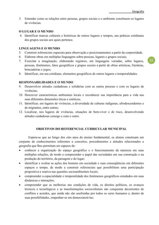 Geografia
52
3. Entender como as relações entre pessoas, grupos sociais e o ambiente constituem os lugares
de vivências.
O LUGAR E O MUNDO
4. Identificar marcas culturais e históricas de outros lugares e tempos, nas práticas cotidianas
dos grupos sociais aos quais pertence.
LINGUAGENS E O MUNDO
5. Construir referenciais espaciais para observação e posicionamentos a partir da corporeidade.
6. Elaborar obras em múltiplas linguagens sobre pessoas, lugares e grupos sociais;
7. Exercitar a imaginação, elaborando registros, em linguagens variadas, sobre lugares,
pessoas, fenômenos, fatos geográficos e grupos sociais a partir de obras artísticas, literárias,
brincadeiras e jogos;
8. Identificar, em seu cotidiano, elementos geográficos de outros lugares e temporalidades.
RESPONSABILIDADES E O MUNDO
9. Desenvolver atitudes cuidadosas e solidárias com as outras pessoas e com os lugares de
vivências;
10. Descrever características ambientais locais e reconhecer sua importância para a vida nas
suas diferentes dimensões éticas e estéticas;
11. Identificar, em lugares de vivências, a diversidade de culturas indígenas, afrodescendentes e
de migrantes, entre outras;
12. Localizar, nos lugares de vivências, situações de bem-viver e de risco, desenvolvendo
atitudes cuidadosas consigo e com o outro.
OBJETIVOS DO REFERENCIAL CURRICULAR MUNICIPAL
Espera-se que ao longo dos oito anos do ensino fundamental, os alunos construam um
conjunto de conhecimentos referentes a conceitos, procedimentos e atitudes relacionados a
geografia que lhes permitam ser capazes de:
 conhecer a organização do espaço geográfico e o funcionamento da natureza em suas
múltiplas relações, de modo a compreender o papel das sociedades em sua construção e na
produção do território, da paisagem e do lugar;
 identificar e avaliar as ações dos homens em sociedade e suas conseqüências em diferentes
espaços e tempo, de modo a construir referenciais que possibilitem uma participação
propositiva e reativa nas questões socioambientais locais;
 compreender a espacialidade e temporalidade dos fenômenos geográficos estudados em suas
dinâmicas e interações;
 compreender que as melhorias nas condições de vida, os direitos políticos, os avanços
técnicos e tecnológicos e as transformações socioculturais são conquistas decorrentes de
conflitos e acordos, que ainda não são usufruídas por todos os seres humanos e, dentro de
suas possibilidades, empenhar-se em democratizá-las;
 
