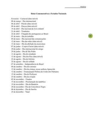 História
65
Datas Comemorativas e Feriados Nacionais
Fevereiro – Carnaval (data móvel)
08 de março – Dia internacional
06 de abril – Paixão (data móvel)
08 de abril – Páscoa (data móvel)
18 de abril – Dia nacional do livro infantil
21 de abril – Tiradentes
22 de abril – Chegada dos portugueses ao Brasil
01 de maio – Dia do trabalho
05 de maio – Dia nacional das comunicações
13 de maio – Dia das mães (data móvel)
13 de maio – Dia da abolição da escravatura
07 de junho – Corpos Christi (data móvel)
20 de junho – Dia internacional do amigo
29 de junho – Dia de São Pedro
11 de agosto – Dia do estudante
12 de agosto – Dia dos Pais (data móvel)
22 de agosto – Dia do folclore
25 de agosto – Dia do soldado
07 de setembro – Independência do Brasil
04 de outubro – Dia dos animais
12 de outubro – Dia da criança, nossa senhora Aparecida
13 de outubro – Emancipação Política de União dos Palmares
15 de outubro – Dia do Professor
23 de outubro – Dia da aviação
02 de novembro – Finados
15 de novembro – Proclamação da república
19 de novembro – Dia da Bandeira
20 de novembro - Dia da Consciência Negra
08 de dezembro – Dia da família
25 de dezembro – Natal
 