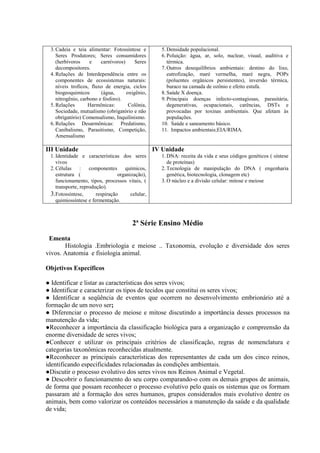 3.Cadeia e teia alimentar: Fotossíntese e
Seres Produtores; Seres consumidores
(herbívoros e carnívoros) Seres
decompositores.
4.Relações de Interdependência entre os
componentes de ecossistemas naturais:
níveis troficos, fluxo de energia, ciclos
biogeoquimicos (água, oxigênio,
nitrogênio, carbono e fósforo).
5.Relações Harmônicas: Colônia,
Sociedade, mutualismo (obrigatório e não
obrigatório) Comensalismo, Inquilinismo.
6.Relações Desarmônicas: Predatismo,
Canibalismo, Parasitismo, Competição,
Amensalismo
5.Densidade populacional.
6.Poluição: água, ar, solo, nuclear, visual, auditiva e
térmica.
7.Outros desequilíbrios ambientais: destino do lixo,
eutrofização, maré vermelha, maré negra, POPs
(poluentes orgânicos persistentes), inversão térmica,
buraco na camada de ozônio e efeito estufa.
8.Saúde X doença.
9.Principais doenças infecto-contagiosas, parasitária,
degenerativas, ocupacionais, carências, DSTs e
provocadas por toxinas ambientais. Que afetam às
populações.
10. Saúde e saneamento básico.
11. Impactos ambientais;EIA/RIMA.
III Unidade
1.Identidade e características dos seres
vivos
2.Células : componentes químicos,
estrutura ( organização),
funcionamento, tipos, processos vitais, (
transporte, reprodução).
3.Fotossíntese, respiração celular,
quimiossíntese e fermentação.
IV Unidade
1.DNA: receita da vida e seus códigos genéticos ( síntese
de proteínas)
2.Tecnologia de manipulação do DNA ( engenharia
genética, biotecnologia, clonagem etc)
3.O núcleo e a divisão celular: mitose e meiose
2ª Série Ensino Médio
Ementa
Histologia .Embriologia e meiose .. Taxonomia, evolução e diversidade dos seres
vivos. Anatomia e fisiologia animal.
Objetivos Específicos
● Identificar e listar as características dos seres vivos;
● Identificar e caracterizar os tipos de tecidos que constitui os seres vivos;
● Identificar a seqüência de eventos que ocorrem no desenvolvimento embrionário até a
formação de um novo ser;
● Diferenciar o processo de meiose e mitose discutindo a importância desses processos na
manutenção da vida;
●Reconhecer a importância da classificação biológica para a organização e compreensão da
enorme diversidade de seres vivos;
●Conhecer e utilizar os principais critérios de classificação, regras de nomenclatura e
categorias taxonômicas reconhecidas atualmente.
●Reconhecer as principais características dos representantes de cada um dos cinco reinos,
identificando especificidades relacionadas às condições ambientais.
●Discutir o processo evolutivo dos seres vivos nos Reinos Animal e Vegetal.
● Descobrir o funcionamento do seu corpo comparando-o com os demais grupos de animais,
de forma que possam reconhecer o processo evolutivo pelo quais os sistemas que os formam
passaram até a formação dos seres humanos, grupos considerados mais evolutivo dentre os
animais, bem como valorizar os conteúdos necessários a manutenção da saúde e da qualidade
de vida;
 
