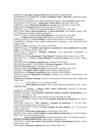 DORST,j1973.Antes que A natureza Morra.São Paula:EDUSP, Edgard Blucher.
De ROBERTIS & De ROBERTIS, JR. Bases da Biologia Celular e Molecular. Guanabara Koogan,
Rio de Janeiro, 2ª ed. 1993.
ESTATUTO DA CRIANÇA E DO ADOLESCENTE DA BAHIA . Nós e o Estatuto: EGBA,1990.
ESSLINGER I e KOVÁCS M.J – Adolescência: Vida ou Morte? São Paulo: Ática, 1999.
FAZENDA, I ( org) . Práticas Interdisciplinares na escola. 2ª ed. São Paulo : Cortez, 1994.
FERRI, Mário G. Ecologia Geral. Belo Horizonte: Itatiaia, 1980. p. 71.
FENWICK.E. & L. WALKER. R. O sexo em sua vida. 4ª ed. São Paulo: Ática, 1997.
GRÜN, Mauro. Ética e educação ambiental – a conexão necessária. s.ed. Campinas: Papirus. 1996.
p 120. (Magistério: formação e trabalho pedagógico)
IACOCCA. Liliane e Michelle. O livro do adolescente. 1ª ed. São Paulo: Ática, 2000
________. O Planeta Eu. Conversando sobre sexo. 4ª ed. São Paulo: Ática, 1999.
LAGO.A e PADVA.J.A. O que é Ecologia. Coleção Primeiros Passos n°116.2001.SP.Brasiliense.
LAURENCE, J. Biologia: ensino ,médio, volume único/ J. Laurence, - 1.ed.- São Paulo: Nova
Geração, 2005.
LOPES. Sônia Bio 3. São Paulo – SP, Saraiva, 16ª ed. 1995
MARTINS, Jorge S. O trabalho com projetos de pesquisas do ensino fundamental ao ensino
médio. 3ª .ed. Campinas: Papirus, 2001.p. 149.
MEDINA.N.M e Santos.E.C. Educação Ambiental. Uma Metodologia Participativa de
Formação.1999.RJ.VOZES.
MENEGOLLA, M. Por que planejar? Como Planejar? Petrópolis. Rio de Janeiro: Vozes, 1996
MILITÃO, Rose e Abbigenor. Jogos, Dinâmicas e Vivências Grupais. Rio de Janeiro: Quality
Mark, 2000.
MOUVIER,Gerard.A poluição Atmosférica.Série Domínio.1997.SP.Atica.
MULLER, Plantemberg.C e AB’SABERA.N.Previsão de Impactos. 1998.SP>EDUSP.
MÜSTHOF.Descobrir o sexo .10ª ed. São Paulo: Ática, 1998.
NERICI, g. Imideo. Metodologia do Ensino: uma introdução - São Paulo: Atlas, 1981.
NOVAIS,V.L.D>Ozônio: aliado e inimigo. Ponto de Apoio.1998.SP.Scipione
NUNES,Edeci et al.Poluentes Atmosféricos. Ponto de Apoio.1999.SP.Scipione.
OTTWAY, J.M.A.1982.Bioquímica da Poluição. Tradução: Luiz Pitombo e Sergio Manaro. São
Paulo EPU,EDUSP.
Parâmetros Curriculares Nacionais. Ciências. Versão preliminar. Secretaria de ensino Fundamental
– MEC, 1995.
_____________: Ensino Médio. Vol. 01 e 03 Salvador 2000.
_____________: Meio Ambiente na Escola – PCN em ação. Ministério da Educação – SEC – Livros,
CDROON e Fitas.
_____________: Terceiro e Quarto Ciclos. Temas Transversais. Secretaria de Educação.
Fundamental . Brasília: MEC/SEF, 1998.
PEDRINI, Alexandre G. (Org.).Educação Ambiental: reflexões e práticas contemporâneas. 4ª ed.
Petrópolis: Vozes.2001. p . 203.
PAULINO. Biologia. Série Novo Ensino Médio. Ed. Ática, São Paulo, SP, 2002.
PINTO, Vicente Paulo e Zacarias, Rachel.2002.Educação Ambiental em Perspectiva.Juiz de Fora:
FEME.p9-98.
PENTEADO, Heloísa D. Meio Ambiente e formação de professores. 3ª .ed. São Paulo:
Cortez,2000.119p (Questões de nossa época v.38)
PORTO GONÇALVES, Carlos W. Os (des) caminhos do meio ambiente. 10ª . ed. São Paulo:
Contexto, 2002.148p.
RAPPAPORT.C.Encarando a adolescência. 6 ed..São Paulo: Ática, 1998.
REIGOTA, Marcos (Org.). Verde Cotidiano: o meio ambiente em discussão. 2ª .ed. Rio de Janeiro:
DP&A, 2001. p.149. (O sentido da escola)
___________. O que é educação ambiental. São Paulo: Brasiliense, 1994. p. 62. (Primeiros passos)
REVISTA SUPERINTERESSANTE. Editora Abril – Assinatura, 1997.
SANTANNA. I. M. Por que avaliar? Como avaliar? Critérios e instrumentos? Petrópolis – Rio de
Janeiro, Vozes, 1995.
SATO, Michèle. Educação Ambiental. São Carlos: RIMA, 2003. p. 66.
 