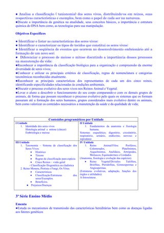 ● Analisa a classificação ( taxionomia) dos seres vivos, distribuindo-os em reinos, suas
respectivas características e exemplos, bem como o papel de cada ser na natureza.
●Discute a importância da genética na atualidade, seus conceitos básicos, a importância e estrutura
química do DNA bem como, as tecnologias para sua manipulação.
Objetivos Específicos
● Identificar e listar as características dos seres vivos;
● Identificar e caracterizar os tipos de tecidos que constitui os seres vivos;
● Identificar a seqüência de eventos que ocorrem no desenvolvimento embrionário até a
formação de um novo ser;
● Diferenciar o processo de meiose e mitose discutindo a importância desses processos
na manutenção da vida;
●Reconhecer a importância da classificação biológica para a organização e compreensão da enorme
diversidade de seres vivos;
●Conhecer e utilizar os principais critérios de classificação, regras de nomenclatura e categorias
taxonômicas reconhecidas atualmente.
●Reconhecer as principais características dos representantes de cada um dos cinco reinos,
identificando especificidades relacionadas às condições ambientais.
●Discutir o processo evolutivo dos seres vivos nos Reinos Animal e Vegetal.
●Levar o aluno a descobrir o funcionamento do seu corpo comparando-o com os demais grupos de
animais, de forma que possam reconhecer o processo evolutivo pelo quais os sistemas que os formam
passaram até a formação dos seres humanos, grupos considerados mais evolutivo dentre os animais,
bem como valorizar os conteúdos necessários a manutenção da saúde e da qualidade de vida;
Conteúdos programáticos por Unidade
I Unidade
1. Identidade dos seres vivos
Histologia animal e mitose (câncer)
Embriologia e meiose
II Unidade
1. Fundamentos da anatomia e fisiologia
humana.
Sistemas: esquelético, digestório, circulatório,
respiratório, urinário, endócrino, nervoso e
reprodutor
III Unidade
1. Taxonomia – Sistema de classificação dos
Seres Vivos.
Histórico
Táxons
Regras de classificação para espécie.
Cinco Reinos – visão geral
- Classificação filogenética ou cladística
2. Reino Monera, Protista e Fungi; Os Vírus.
Características
Classificação/Estruturas dos
seres/Exemplos.
Benefícios.
● Prejuízos/Doenças
IV Unidade
1. Reino Animal/Filos: Poríferos,
Celenterados, Platelmintos,
Asquelmintos, Anelídeos, Artrópodes,
Moluscos, Equinodermos e Cordados.
(Anatomia, fisiologia e evolução das espécies).
Reino Vegetal/Divisões: Talófitos,
Briófitas, Pteridófitas, Gimnospermas e
Angiospermas.
(Estruturas evolutivas, adaptação, funções dos
órgãos e utilidades).
A fotossíntese.
3ª Série Ensino Médio
Ementa
●Estuda os mecanismos de transmissão das características hereditárias bem como as doenças ligadas
aos fatores genéticos
 