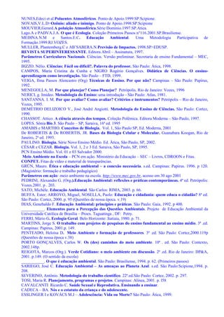 NUNES,Edeci et al.Poluentes Atmosféricos. Ponto de Apoio.1999.SP.Scipione.
NOVAIS,V.L.D>Ozônio: aliado e inimigo. Ponto de Apoio.1998.SP.Scipione
MOUVIER,Gerard.A poluição Atmosférica.Série Domínio.1997.SP.Atica.
Lago.A e PADVA.J.A. O que é Ecologia. Coleção Primeiros Passos n°116.2001.SP.Brasiliense.
MEDINA.N.M e Santos.E.C. Educação Ambiental. Uma Metodologia Participativa de
Formação.1999.RJ.VOZES.
MULLER, Plantemberg.C e AB’SABERA.N.Previsão de Impactos. 1998.SP>EDUSP.
REVISTA SUPERINTERESSANTE. Editora Abril – Assinatura, 1997.
Parâmetros Curriculares Nacionais. Ciências. Versão preliminar. Secretaria de ensino Fundamental – MEC,
1995.
BIZZO. Nélio. Ciências: Fácil ou difícil?. Palavra do professor. São Paulo: Ática, 1998.
CAMPOS, Maria Cristina da Cunha e NIGRO Rogério Gonçalves. Didática de Ciências. O ensino-
aprendizagem como investigação. São Paulo – FTD, 1999.
VEIGA, Ilma Passos Alencastro (Org) Técnicas de Ensino. Por que não? Campinas – São Paulo: Papírus,
1992.
MENEGOLLA, M. Por que planejar? Como Planejar? Petrópolis. Rio de Janeiro: Vozes, 1996
NERICI, g. Imideo. Metodologia do Ensino: uma introdução - São Paulo: Atlas, 1981.
SANTANNA. I. M. Por que avaliar? Como avaliar? Critérios e instrumentos? Petrópolis – Rio de Janeiro,
Vozes, 1995.
DEMÉTRIO DELIZOICO V., José André Angiotti. Metodologia do Ensino de Ciências. São Paulo: Cortez,
1990.
CHASSOT. Attico. A ciência através dos tempos. Coleção Polêmica. Editora Moderna – São Paulo, 1997.
LOPES. Sônia Bio 3. São Paulo – SP, Saraiva, 16ª ed. 1995
AMABIS e MARTHO. Conceitos de Biologia. Vol. 1, São Paulo SP, Ed. Moderna, 2001
De ROBERTIS & De ROBERTIS, JR. Bases da Biologia Celular e Molecular. Guanabara Koogan, Rio de
Janeiro, 2ª ed. 1993.
PAULINO. Biologia. Série Novo Ensino Médio. Ed. Ática, São Paulo, SP, 2002.
CÉSAR e CEZAR. Biologia. Vol. 1, 2 e 3 Ed. Saraiva, São Paulo, SP, 1995.
PCN Ensino Médio. Vol. 01 e 03 Salvador 2000.
Meio Ambiente na Escola – PCN em ação. Ministério da Educação – SEC – Livros, CDROON e Fitas.
CONPET. Fitas de vídeo e material de transparências.
GRÜN, Mauro. Ética e educação ambiental – a conexão necessária. s.ed. Campinas: Papirus. 1996. p 120.
(Magistério: formação e trabalho pedagógico)
Parâmetros em ação: meio ambiente na escola. http://www.mec.gov.br, acesso em 30 ago 2001
PEDRINI, Alexandre G. (Org.).Educação Ambiental: reflexões e práticas contemporâneas. 4ª ed. Petrópolis:
Vozes.2001. p . 203.
SATO, Michèle. Educação Ambiental. São Carlos: RIMA, 2003. p. 66.
BUFFA. Ester; ARROYO, Miguel, NOSELLA, Paolo: Educação e cidadania: quem educa o cidadão? 8ª ed.
São Paulo: Cortez, 2000. p. 95 (Questões de nossa época. v.19)
DIAS, Genebaldo F. Educação Ambiental: princípios e práticas. São Paulo: Gaia, 1992. p 400.
___________. Elementos para a Percepção das Questões Ambientais. Projeto de Educação Ambiental da
Universidade Católica de Brasília – Proex. Taguatinga , DF: Petry.
FERRI, Mário G. Ecologia Geral. Belo Horizonte: Itatiaia, 1980. p. 71.
MARTINS, Jorge S. O trabalho com projetos de pesquisas do ensino fundamental ao ensino médio. 3ª .ed.
Campinas: Papirus, 2001.p. 149.
PENTEADO, Heloísa D. Meio Ambiente e formação de professores. 3ª .ed. São Paulo: Cortez,2000.119p
(Questões de nossa época v.38)
PORTO GONÇALVES, Carlos W. Os (des) caminhos do meio ambiente. 10ª . ed. São Paulo: Contexto,
2002.148p.
REIGOTA, Marcos (Org.). Verde Cotidiano: o meio ambiente em discussão. 2ª .ed. Rio de Janeiro: DP&A,
2001. p.149. (O sentido da escola)
___________. O que é educação ambiental. São Paulo: Brasiliense, 1994. p. 62. (Primeiros passos)
SARIEGO, José C. Educação Ambiental – As ameaças ao Planeta Azul. s.ed. São Paulo:Scipione,1994. p.
208.
SEVERINO, Antônio. Metodologia do trabalho científico. 22ª.ed.São Paulo: Cortez, 2002. p. 297.
TOSI, Maria R. Planejamento, programas e projetos. Campinas: Alínea, 2001. p. l58
CAVALCANTI Ricardo C. Saúde Sexual e Reprodutiva. Ensinando a ensinar.
CADECA – BA. Nós e o estatuto da criança e do adolescente.
ESSLINGER I e KOVÁCS M.J – Adolescência: Vida ou Morte? São Paulo: Ática, 1999.
 