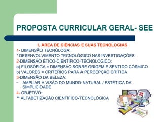 PROPOSTA CURRICULAR GERAL- SEE I. ÁREA DE CIÊNCIAS E SUAS TECNOLOGIAS  1 - DIMENSÃO TECNÓLOGA: * DESENVOLVIMENTO TECNOLÓGICO NAS INVESTIGAÇÕES 2 -DIMENSÃO ÉTICO-CIENTÍFICO-TECNOLÓGICO: a) FILOSÓFICA = DIMENSÃO SOBRE ORIGEM E SENTIDO CÓSMICO b) VALORES = CRITÉRIOS PARA A PERCEPÇÃO CRÍTICA  3 -DIMENSÃO DA BELEZA: AMPLIAR A VISÃO DO MUNDO NATURAL / ESTÉTICA DA SIMPLICIDADE 4-  OBJETIVO: ** ALFABETIZAÇÃO CIENTÍFICO-TECNOLÓGICA 