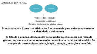 ÂMBITOS DE EXPERIÊNCIA
IDENTIDADE AUTONOMIA
Processos de socialização
Espaços de socialização
Contato e confronto entre adulto e criança
Brincar também é uma das atividades fundamentais para o desenvolvimento
da identidade e autonomia
O fato de a criança, desde muito cedo, poder se comunicar por meio de
gestos, sons e, mais tarde, representar determinado papel na brincadeira faz
com que ela desenvolva sua imaginação, atenção, imitação e memória.
 