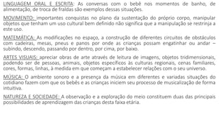 LINGUAGEM ORAL E ESCRITA: As conversas com o bebê nos momentos de banho, de
alimentação, de troca de fraldas são exemplos dessas situações.
MOVIMENTO: importantes conquistas no plano da sustentação do próprio corpo, manipular
objetos que tenham um uso cultural bem definido não significa que a manipulação se restrinja a
este uso.
MATEMÁTICA: As modificações no espaço, a construção de diferentes circuitos de obstáculos
com cadeiras, mesas, pneus e panos por onde as crianças possam engatinhar ou andar –
subindo, descendo, passando por dentro, por cima, por baixo.
ARTES VISUAIS: apreciar obras de arte através de leitura de imagens, objetos tridimensionais,
podendo ser de pessoas, animais, objetos específicos às culturas regionais, cenas familiares,
cores, formas, linhas, à medida em que começam a estabelecer relações com o seu universo.
MÚSICA: O ambiente sonoro e a presença da música em diferentes e variadas situações do
cotidiano fazem com que os bebês e as crianças iniciem seu processo de musicalização de forma
intuitiva.
NATUREZA E SOCIEDADE: A observação e a exploração do meio constituem duas das principais
possibilidades de aprendizagem das crianças desta faixa etária.
 