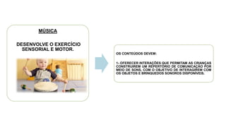 MÚSICA
DESENVOLVE O EXERCÍCIO
SENSORIAL E MOTOR.
OS CONTEÚDOS DEVEM:
1- OFERECER INTERAÇÕES QUE PERMITAM AS CRIANÇAS
CONSTRUIREM UM REPERTÓRIO DE COMUNICAÇÃO POR
MEIO DE SONS, COM O OBJETIVO DE INTERAGIREM COM
OS OBJETOS E BRINQUEDOS SONOROS DISPONÍVEIS.
 