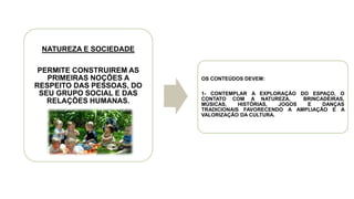 NATUREZA E SOCIEDADE
PERMITE CONSTRUIREM AS
PRIMEIRAS NOÇÕES A
RESPEITO DAS PESSOAS, DO
SEU GRUPO SOCIAL E DAS
RELAÇÕES HUMANAS.
OS CONTEÚDOS DEVEM:
1- CONTEMPLAR A EXPLORAÇÃO DO ESPAÇO, O
CONTATO COM A NATUREZA, BRINCADEIRAS,
MÚSICAS, HISTÓRIAS, JOGOS E DANÇAS
TRADICIONAIS FAVORECENDO A AMPLIAÇÃO E A
VALORIZAÇÃO DA CULTURA.
 