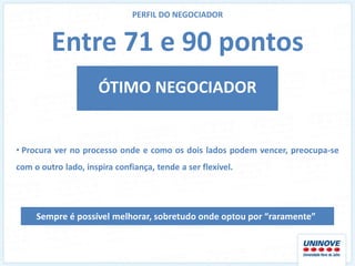 PERFIL DO NEGOCIADOR


         Entre 71 e 90 pontos
                      ÓTIMO NEGOCIADOR


• Procura ver no processo onde e como os dois lados podem vencer, preocupa-se
com o outro lado, inspira confiança, tende a ser flexível.




     Sempre é possível melhorar, sobretudo onde optou por “raramente”
 