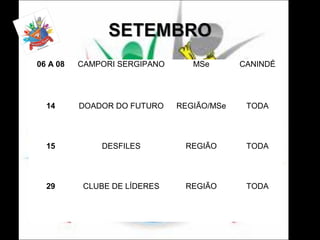 06 A 08

CAMPORI SERGIPANO

MSe

CANINDÉ

14

DOADOR DO FUTURO

REGIÃO/MSe

TODA

15

DESFILES

REGIÃO

TODA

29

CLUBE DE LÍDERES

REGIÃO

TODA

 