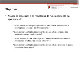Objetivo
• Avaliar os processos e os resultados do funcionamento do
  agrupamento

       ? Qual a prestação da organização escolar no combate ao abandono e
         promoção do sucesso e do clima escolares?

       ? Quais as representações dos diferentes atores sobre o impacto dos
         processos na organização escolar?

       ? Qual o envolvimento e a satisfação da comunidade educativa sobre o
         processo de prestação do serviço educativo?

       ? Quais as representações dos diferentes atores sobre o processo de gestão
         e organização escolares?
 