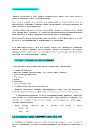 5. AVALIAÇÃO NA EDUCAÇÂO INFANTIL 
“Avaliação como processo se realiza mediante acompanhamento e registro infantil sem o objetivo de promoção, mesmo para o acesso ao Ensino Fundamental”. 
Assim sendo, a avaliação não se constitui numa obrigatoriedade do sistema oficial de ensino em determinar índice de aprovação. Portanto é possível fugir de quaisquer procedimentos e seletivos que retêm e reprovam as crianças na Pré-Escola. 
A avaliação, tida como processo contínuo, o professor fará o acompanhamento do desenvolvimento das áreas: cognitiva, afetiva e psicomotora da criança. Dai a necessidade do registro, contendo observações sobre as crianças, suas relações, interações e processos vivenciados em relação ao grupo. 
Diante dos desafios da sociedade contemporânea e das definições da LDB, há que se pensar o currículo em função da concepção da criança, de desenvolvimento e de aprendizagem. 
P) A organização curricular da creche e do Infantil I, Infantil II, com fundamentação sociocultural reconhece e valoriza as diferenças entre os indivíduos, primando pela viabilização dos princípios pedagógicos da interdisciplinaridade, contextualização, diversidade e participação tomando a realidade das crianças como ponto de partida para o trabalho. 
5.1 Matriz Curricular da Educação Infantil 
A estrutura curricular desta proposta tendo em vista a nossa realidade subdivide-se em: 
1- Linguagem (Oral e Escrita); 
2- Natureza e Sociedade (Ciências, Naturais, Físicos, Químicos, Sociais e Humanas); 
3- Conhecimento lógico-Matemático; 
4- Artes Visuais; 
5- Música; 
6- Movimento; 
7- Conhecimento de mundo; 
8- Formação pessoal e Social-Identidade e Autonomia. 
A imitação, a brincadeira, o movimento e a musica perpassarão todas as áreas como mobilizadores e construtores do reconhecimento, possibilitando formar as crianças a se relacionarem com o mundo. 
As atividades serão proposta em função dos interesses das crianças, podendo ser caracterizados como atividades serão proposta em função dos interesses das crianças, podendo ser caracterizados como atividades de livre escolha, atividades coletivas, atividades permanentes ou de rotina e atividades para a interação com a comunidade. 0 
Serão atribuídos CONCEITOS para as atividades como mostra a legenda. Regular (R) 
Bom (B) 
5.2 Avaliação NO ENSINO FUNDAMENTA DO 1 AO 9 ANO 
A avaliação será considerada como elemento integrador entre a aprendizagem e o ensino é um conjunto de ações cujo objetivo é a orientação, intervenção pedagógica no sentido da melhor aprendizagem do aluno.  