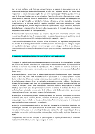 No 1 e 2ano avaliação será feita de acompanhamento e registro do desenvolvimento, em o objetivo de promoção. No ensino fundamental, a partir do 3 (terceiro) ano até o 9 (nono) ano, respectivos, os resultados das avaliações das que serão expressos por relatórios que descrevem o nível de desempenho alcançado ou não pelo aluno. Para efeito de registro do rendimento escolar, serão utilizadas fichas de avaliação, onde deverão constar vários aspectos do desempenho do aluno como: participação nas atividades, leituras extraclasse, tarefas realizadas, pesquisas, procedimento social (hábito e atitudes), trabalhos individuais e de grupos, pesquisas de campo, pesquisas bibliográficas, leituras de paradidáticos e suplementares, prova, seminários, exposição de trabalhos em feiras cientificas, demonstrações na vida pratica da formação de valores éticos e morais e outros atividades de cunho pedagógico. 
As medidas serão expressas em notas e 1 a 10 (um a 10) para cada componente curricular. Sendo necessária a obtenção da nota (7) para a promoção e para as avaliações no aspecto qualitativas e será expresso em conceitos: ótimo (OT), muito bom (MB), bom(B), regular(R) e fraco (F). 
Os resultados do rendimento escolar, expressos através de relatórios, são registrados pelos professores nas planilhas de avaliação juntamente com os boletins escolares dos alunos que são entregues aos pais em reunião bimestral para avaliarem e reconhecer para serem entregues no final do ano letivo os resultados do rendimento escolar são todos registrados e documentados e arquivados na Secretaria da escola. 
7- Avaliação DA APRENDIZAGEM DA EDUCAÇAO DE JOVENS E ADUlTOS 
O processo de avaliação será conduzido pela equipe escolar respeitadas as diretrizes da SME e legislação em vigar ao final de cada etapa do curso, sintetizando um trabalho permanente, que inclui continua avaliação e sincrônica recuperação da aprendizagem. Pois a mesma será continua, cumulativa e quantitativa ocorrerá em quatros momentos de síntese parciais e 01 (um) momento de conclusão ou final do ano letivo. 
As avaliações parciais e qualificações da aprendizagem dos alunos serão registradas após a oferta pela escola de: 25%, 50%, 75% e 100% das 800 horas anuais previstas em lei no caso dos primeiros anos do Ensino Fundamental. É hora aula anuais previstas no currículo nos últimos quatros anos. Cada momento de avaliação da aprendizagem deverá ser registrado numa escala progressiva: 1 a 10(um a dez). Aa notas de 1 a 6 (um/seis) indicará que o aluno não atingiu as aprendizagens essenciais necessárias definidas nos critérios de avaliação. A nota 7 (sete) corresponderá aos critérios essenciais. As notas 8(oito), 9 (nove) e 10 (dez), representam graus de aprendizagem superiores ao critério de avaliação. Os alunos cujas avaliações forem valorizadas com as notas de 1 a 6(um a seis). Serão submetidas a processos de recuperação paralelas para que possam atingir o nível satisfatórios . 
As atribuições de notas terão por base informações obtidas por diferentes instrumentos ou recursos avaliativos, como provas, exercícios, debates, seminários, trabalhos em grupos e individual, experiência, auto avaliação e outras incluídas no planejamento curricular. Poderá haver a mudança de conceito, caso o aluno seja submetido a recuperação e a reavaliação. 
A avaliação final ou conclusiva do aluno no ano letivo será uma apreciação quantitativa e integrada das aprendizagens realizadas nesse percurso escolar, de acordo com a natureza cumulativa prevista nesta instrução normativa, trata-se de uma interpretação que o professor faz sobre a aprendizagem do ano, através dos instrumentos avaliativos contidas neste, com base nas informações recolhidas durante o ano letivo. 
Os registros dos resultados das avaliações da aprendizagem e no Registro geral da avaliação, bem como no boletim individual do aluno e nos arquivados geral da escola. 
 