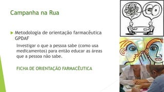 Campanha na Rua
 Metodologia de orientação farmacêutica
GPDAF
Investigar o que a pessoa sabe (como usa
medicamentos) para então educar as áreas
que a pessoa não sabe.
FICHA DE ORIENTAÇÃO FARMACÊUTICA
 