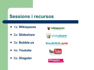 Sessions i recursos 1a:  Wikispaces 2a:  Slideshare 3a:  Bubble.us 4a:  Youtube 5a:  Glogster 