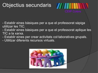 Objectius secundaris                                             CEIP Colors   - Establir eines bàsiques per a que el professorat sàpiga utilitzar les TIC.  - Establir eines bàsiques per a que el professorat aplique les TIC a la xarxa.  - Establir eines per crear activitats col·laboratives grupals.  - Utilitzar diferents recursos virtuals.  