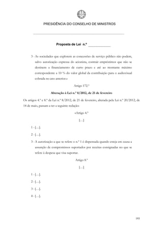 PRESIDÊNCIA DO CONSELHO DE MINISTROS




                          Proposta de Lei n.º


      3 - As sociedades que explorem as concessões de serviço público não podem,
         salvo autorização expressa do acionista, contrair empréstimos que não se
         destinem a financiamento de curto prazo e até ao montante máximo
         correspondente a 10 % do valor global da contribuição para o audiovisual
         cobrada no ano anterior.»

                                        Artigo 172.º

                      Alteração à Lei n.º 8/2012, de 21 de fevereiro

Os artigos 4.º e 8.º da Lei n.º 8/2012, de 21 de fevereiro, alterada pela Lei n.º 20/2012, de
14 de maio, passam a ter a seguinte redação:

                                         «Artigo 4.º

                                               […]

      1 - […].

      2 - […].

      3 - A autorização a que se refere o n.º 1 é dispensada quando esteja em causa a
         assunção de compromissos suportados por receitas consignadas no que se
         refere à despesa que visa suportar.

                                         Artigo 8.º

                                               […]

      1 - […].

      2 - […].

      3 - […].

      4 - […].




                                                                                         193
 