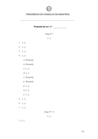 PRESIDÊNCIA DO CONSELHO DE MINISTROS




                       Proposta de Lei n.º


                                  Artigo 87.º

                                     […]

1 - […].

2 - […].

3 - […].

4 - […]:

      a) [Revogada];

      b) [Revogada];

      c) […];

      d) […];

      e) [Revogada];

      f) [Revogada];

      g) […];

      h) […];

      i) […].

5 - […].

6 - […].

7 - […].

                                 Artigo 87.º-A

                                     […]

1 - […]:




                                                  222
 