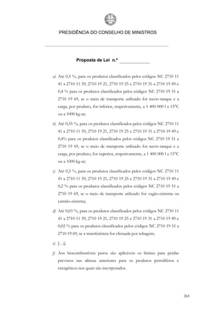 PRESIDÊNCIA DO CONSELHO DE MINISTROS




             Proposta de Lei n.º


a) Até 0,5 %, para os produtos classificados pelos códigos NC 2710 11
  41 a 2710 11 59, 2710 19 21, 2710 19 25 e 2710 19 31 a 2710 19 49 e
  0,4 % para os produtos classificados pelos códigos NC 2710 19 51 a
  2710 19 69, se o meio de transporte utilizado for navio-tanque e a
  carga, por produto, for inferior, respetivamente, a 1 400 000 l a 15°C
  ou a 1000 kg-ar;

b) Até 0,35 %, para os produtos classificados pelos códigos NC 2710 11
  41 a 2710 11 59, 2710 19 21, 2710 19 25 e 2710 19 31 a 2710 19 49 e
  0,4% para os produtos classificados pelos códigos NC 2710 19 51 a
  2710 19 69, se o meio de transporte utilizado for navio-tanque e a
  carga, por produto, for superior, respetivamente, a 1 400 000 l a 15°C
  ou a 1000 kg-ar;

c) Até 0,3 %, para os produtos classificados pelos códigos NC 2710 11
  41 a 2710 11 59, 2710 19 21, 2710 19 25 e 2710 19 31 a 2710 19 49 e
  0,2 % para os produtos classificados pelos códigos NC 2710 19 51 a
  2710 19 69, se o meio de transporte utilizado for vagão-cisterna ou
  camião-cisterna;

d) Até 0,03 %, para os produtos classificados pelos códigos NC 2710 11
  41 a 2710 11 59, 2710 19 21, 2710 19 25 e 2710 19 31 a 2710 19 49 e
  0,02 % para os produtos classificados pelos códigos NC 2710 19 51 a
  2710 19 69, se a transferência for efetuada por tubagem;

e) […];

f) Aos biocombustíveis puros são aplicáveis os limites para perdas
  previstos nas alíneas anteriores para os produtos petrolíferos e
  energéticos nos quais são incorporados.




                                                                           263
 