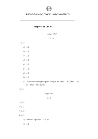 PRESIDÊNCIA DO CONSELHO DE MINISTROS




                     Proposta de Lei n.º


                                      Artigo 100.º

                                          […]

1 - […]:

      a) […];

      b) […];

      c) […];

      d) […];

      e) […];

      f) […];

      g) […];

      h) […];

      i) Os produtos abrangidos pelos códigos NC 3811 11 10, 3811 11 90,
           3811 19 00 e 3811 90 00.

2 - […].

                                  Artigo 103.º

                                      […]

1 - […].

2 - […].

3 - […].

4 - […]:

      a) Elemento específico - € 79,39;

      b) […].


                                                                           272
 