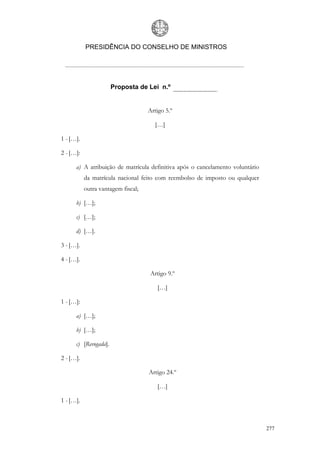 PRESIDÊNCIA DO CONSELHO DE MINISTROS




                       Proposta de Lei n.º


                                    Artigo 5.º

                                      […]

1 - […].

2 - […]:

      a) A atribuição de matrícula definitiva após o cancelamento voluntário
           da matrícula nacional feito com reembolso de imposto ou qualquer
           outra vantagem fiscal;

      b) […];

      c) […];

      d) […].

3 - […].

4 - […].

                                    Artigo 9.º

                                       […]

1 - […]:

      a) […];

      b) […];

      c) [Revogada].

2 - […].

                                    Artigo 24.º

                                       […]

1 - […].



                                                                               277
 