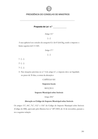 PRESIDÊNCIA DO CONSELHO DE MINISTROS




                           Proposta de Lei n.º


                                         Artigo 15.º

                                            […]

      A taxa aplicável aos veículos da categoria G é de € 0,64/Kg, tendo o imposto o
      limite superior de € 11 825.

                                         Artigo 17.º

                                            […]

      1 - […].

      2 - […].

      3 - […].

      4 - Nas situações previstas no n.º 4 do artigo 6.º, o imposto deve ser liquidado
         no prazo de 30 dias, a contar da alteração.»

                                     CAPÍTULO XV

                                     Impostos locais

                                        SECÇÃO I

                            Imposto Municipal sobre Imóveis

                                        Artigo 204.º

                 Alteração ao Código do Imposto Municipal sobre Imóveis

Os artigos 13.º, 68.º, 76.º, 112.º e 118.º do Código do Imposto Municipal sobre Imóveis
(Código do IMI), aprovado pelo Decreto-Lei n.º 287/2003, de 12 de novembro, passam a
ter a seguinte redação:




                                                                                         291
 
