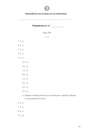 PRESIDÊNCIA DO CONSELHO DE MINISTROS




                      Proposta de Lei n.º


                                   Artigo 249.º

                                       […]

1 - […].

2 - […].

3 - […].

4 - […].

5 - […]:

      a) […];

      b) […];

      c) […];

      d) […];

      e) […];

      f) […];

      g) […];

      h) […];

      i) Qualquer condição prevista em lei especial para a aquisição, detenção
            ou comercialização dos bens.

6 - […].

7 - […].

8 - […].

9 - […].»




                                                                                 317
 