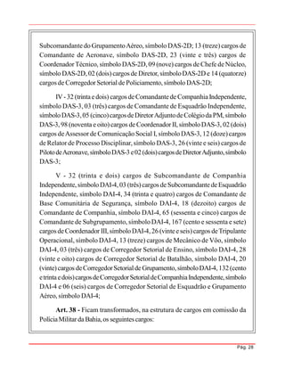 Pág. 28
Subcomandante do GrupamentoAéreo, símbolo DAS-2D; 13 (treze) cargos de
Comandante de Aeronave, símbolo DAS-2D, 23 (vinte e três) cargos de
CoordenadorTécnico, símbolo DAS-2D,09 (nove) cargos de Chefe deNúcleo,
símbolo DAS-2D, 02 (dois)cargos de Diretor, símboloDAS-2De 14 (quatorze)
cargos de Corregedor Setorial de Policiamento, símbolo DAS-2D;
IV-32 (trintaedois) cargos deComandantede CompanhiaIndependente,
símbolo DAS-3, 03 (três) cargos de Comandante de Esquadrão Independente,
símboloDAS-3,05 (cinco)cargosdeDiretorAdjuntodeColégiodaPM,símbolo
DAS-3,98 (noventa e oito) cargos de CoordenadorII,símboloDAS-3, 02 (dois)
cargos deAssessor de Comunicação Social I, símbolo DAS-3, 12 (doze) cargos
de Relator de Processo Disciplinar, símbolo DAS-3, 26 (vinte e seis) cargos de
PilotodeAeronave,símboloDAS-3e02(dois)cargosdeDiretorAdjunto,símbolo
DAS-3;
V - 32 (trinta e dois) cargos de Subcomandante de Companhia
Independente,símboloDAI-4, 03 (três)cargos de SubcomandantedeEsquadrão
Independente, símbolo DAI-4, 34 (trinta e quatro) cargos de Comandante de
Base Comunitária de Segurança, símbolo DAI-4, 18 (dezoito) cargos de
Comandante de Companhia, símbolo DAI-4, 65 (sessenta e cinco) cargos de
Comandante de Subgrupamento, símbolo DAI-4, 167 (cento e sessenta e sete)
cargos deCoordenador III,símboloDAI-4,26 (vinteeseis)cargos deTripulante
Operacional, símbolo DAI-4, 13 (treze) cargos de Mecânico de Vôo, símbolo
DAI-4, 03 (três) cargos de Corregedor Setorial de Ensino, símbolo DAI-4, 28
(vinte e oito) cargos de Corregedor Setorial de Batalhão, símbolo DAI-4, 20
(vinte)cargos deCorregedorSetorialde Grupamento,símboloDAI-4,132(cento
etrintaedois)cargosdeCorregedorSetorialdeCompanhiaIndependente,símbolo
DAI-4 e 06 (seis) cargos de Corregedor Setorial de Esquadrão e Grupamento
Aéreo, símbolo DAI-4;
Art. 38 - Ficam transformados, na estrutura de cargos em comissão da
PolíciaMilitardaBahia,os seguintescargos:
 