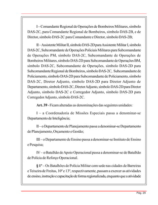 Pág. 29
I– Comandante RegionaldeOperações de Bombeiros Militares,símbolo
DAS-2C, para Comandante Regional de Bombeiros, símbolo DAS-2B, e de
Diretor,símbolo DAS-2C para Comandantee Diretor, símbolo DAS-2B;
II–AssistenteMilitarII,símboloDAS-2DparaAssistenteMilitarI,símbolo
DAS-2C,SubcomandantedeOperaçõesPoliciaisMilitares paraSubcomandante
de Operações PM, símbolo DAS-2C, Subcomandante de Operações de
Bombeiros Militares,símboloDAS-2DparaSubcomandantedeOperações BM,
símbolo DAS-2C, Subcomandante de Operações, símbolo DAS-2D para
SubcomandanteRegionalde Bombeiros,símboloDAS-2C, Subcomandantede
Policiamento,símbolo DAS-2DparaSubcomandantede Policiamento,símbolo
DAS-2C, Diretor Adjunto, símbolo DAS-2D para Diretor Adjunto de
Departamento,símboloDAS-2C,DiretorAdjunto,símboloDAS-2DparaDiretor
Adjunto, símbolo DAS-2C e Corregedor Adjunto, símbolo DAS-2D para
CorregedorAdjunto, símbolo DAS-2C.
Art. 39 -Ficam alteradas as denominações das seguintes unidades:
I – a Coordenadoria de Missões Especiais passa a denominar-se
Departamentode Inteligência;
II– oDepartamentodePlanejamentopassaadenominar-seDepartamento
de Planejamento,Orçamento e Gestão;
III– oDepartamentodeEnsino passa adenominar-seInstituto de Ensino
ePesquisa;
IV– oBatalhãodeApoio Operacional passa a denominar-se de Batalhão
de Polícia de Reforço Operacional.
§ 1º – Os Batalhões de Polícia Militar com sede nas cidades de Barreiras
eTeixeirade Freitas,10º e13º, respectivamente, passam aexercer as atividades
deensino,instruçãoecapacitaçãodeformaregionalizada,enquantoqueaatividade
 