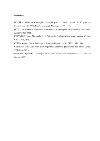 11



Referências


BIZERRA, Maria da Conceição. Formação para o trabalho: ensino de 1º grau em
Pernambuco, 1983-1990. Recife: fundag, ed. Massangara, 1996, 158p.
BOCK, Silvio Duarte. Orientação Profissional: a abordagem sócio-histórica. São Paulo:
editora Cortez, 2002.
CARVALHO, Maria Margarida M. J. Orientação Profissional em grupo: teoria e técnica.
Editora PSY, 1995.
COSTA, Antônio Carlos. O jovem e o futuro profissional. Recife: CEPE, 1998. 108p.
FERRETTI, Celso João. Uma nova proposta de orientação profissional. São Paulo: Cortez,
1992, 2. ed. 109 p.
GEMELLI, Agostinho. Orientação Profissional. Livro Ibero americano. LTDA. Rio de
Janeiro, 1963.
 