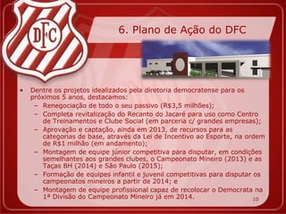 6. Plano de Ação do DFC




•   Dentre os projetos idealizados pela diretoria democratense para os
    próximos 5 anos, destacamos:
     – Renegociação de todo o seu passivo (R$3,5 milhões);
     – Completa revitalização do Recanto do Jacaré para uso como Centro
        de Treinamentos e Clube Social (em parceria c/ grandes empresas);
     – Aprovação e captação, ainda em 2013, de recursos para as
        categorias de base, através da Lei de Incentivo ao Esporte, na ordem
        de R$1 milhão (em andamento);
     – Montagem de equipe júnior competitiva para disputar, em condições
        semelhantes aos grandes clubes, o Campeonato Mineiro (2013) e as
        Taças BH (2014) e São Paulo (2015);
     – Formação de equipes infantil e juvenil competitivas para disputar os
        campeonatos mineiros a partir de 2014; e
     – Montagem de equipe profissional capaz de recolocar o Democrata na
        1ª Divisão do Campeonato Mineiro já em 2014.                     10
 