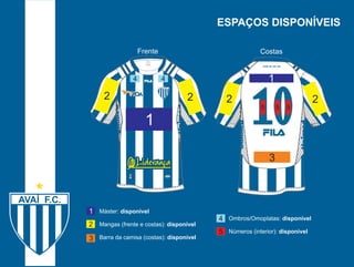 ESPAÇOS DISPONÍVEIS 
Frente Costas 
2 
5 5 5 
3 
4 
2 2 2 
4 
Máster: disponível 
Mangas (frente e costas): disponível 
Barra da camisa (costas): disponível 
1 
2 
1 
1 
3 
4 Ombros/Omoplatas: disponível 
Números (interior): disponível 
5 
 
