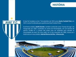 HISTÓRIA 
O Avaí foi fundado no dia 1° de setembro de 1923 como Avahy Football Club, em 
1937 o nome foi alterado para a grafia atual Avaí Futebol Clube. 
O primeiro estádio, Adolfo Konder, também conhecido como "Campo da Liga", foi 
inaugurado em 1930. Localizado no centro de Florianópolis, em um terreno de 
apenas 15.000 m², o campo não podia mais ser ampliado para atender as 
necessidades do Avaí. Por essa razão, em 15 de novembro de 1983, iniciou-se a 
história de um novo estádio: Aderbal Ramos da Silva - A Ressacada. 
 