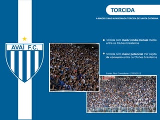 TORCIDA 
A MAIOR E MAIS APAIXONADA TORCIDA DE SANTA CATARINA. 
Torcida com maior renda mensal média 
entre os Clubes brasileiros 
Torcida com maior potencial Per capita 
de consumo entre os Clubes brasileiros 
Fonte: Pluri Consultoria - 22/03/2012 
 