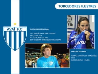 TORCEDORES ILUSTRES 
GUSTAVO KUERTEN (Guga) 
TRI-CAMPEÃO EM ROLAND GARROS 
1997/2000/2001 
N°1 DO MUNDO EM 2000 
20 TÍTULOS EM TORNEIOS INTERNACIONAIS 
FABIANA BELTRAME 
CAMPEÃ MUNDIAL DE REMO SINGLE 
SKIFF 
BLED ESLOVÊNIA - 09/2011 
 