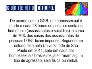 De acordo com o GGB, um homossexual é
morto a cada 28 horas no país por conta da
homofobia (assassinatos e suicídios) e cerca
de 70% dos casos dos assassinatos de
pessoas LGBT ficam impunes. Segundo um
estudo feito pela Universidade de São
Paulo em 2014, sete em cada dez
homossexuais brasileiros já sofreram algum
tipo de agressão, seja física ou verbal.
Contexto Atual
 
