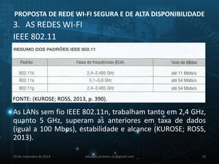 PROPOSTA DE REDE WI-FI SEGURA E DE ALTA DISPONIBILIDADE 
3. AS REDES WI-FI 
IEEE 802.11 
FONTE: (KUROSE; ROSS, 2013, p. 390). 
As LANs sem fio IEEE 802.11n, trabalham tanto em 2,4 GHz, 
quanto 5 GHz, superam as anteriores em taxa de dados 
(igual a 100 Mbps), estabilidade e alcance (KUROSE; ROSS, 
2013). 
29 de novembro de 2014 eduardo.pinheiro.slz@gmail.com 10 
 