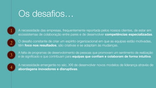 Os desaﬁos…
A necessidade das empresas, frequentemente reportada pelos nossos clientes, de estar em
ecossistemas de colaboração entre pares e de desenvolver competências especializadas.
1
2
3
4
O desaﬁo constante de criar um espírito organizacional em que as equipas estão motivadas,
têm foco nos resultados, são criativas e se adaptam às mudanças.
A falta de programas de desenvolvimento de pessoas que promovam um sentimento de realização
e de signiﬁcado e que contribuam para equipas que conﬁam e colaboram de forma intuitiva.
A necessidade emergente no séc. XXI de desenvolver novos modelos de liderança através de
abordagens inovadores e disruptivas.
 