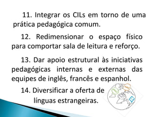 11. Integrar os CILs em torno de uma prática pedagógica comum. 12. Redimensionar o espaço físico para comportar sala de leitura e reforço. 13. Dar apoio estrutural às iniciativas pedagógicas internas e externas das equipes de inglês, francês e espanhol. 14. Diversificar a oferta de  línguas estrangeiras. 