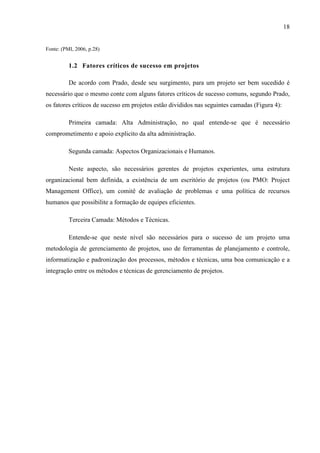 18
Fonte: (PMI, 2006, p.28)
1.2 Fatores críticos de sucesso em projetos
De acordo com Prado, desde seu surgimento, para um projeto ser bem sucedido é
necessário que o mesmo conte com alguns fatores críticos de sucesso comuns, segundo Prado,
os fatores críticos de sucesso em projetos estão divididos nas seguintes camadas (Figura 4):
Primeira camada: Alta Administração, no qual entende-se que é necessário
comprometimento e apoio explicito da alta administração.
Segunda camada: Aspectos Organizacionais e Humanos.
Neste aspecto, são necessários gerentes de projetos experientes, uma estrutura
organizacional bem definida, a existência de um escritório de projetos (ou PMO: Project
Management Office), um comitê de avaliação de problemas e uma política de recursos
humanos que possibilite a formação de equipes eficientes.
Terceira Camada: Métodos e Técnicas.
Entende-se que neste nível são necessários para o sucesso de um projeto uma
metodologia de gerenciamento de projetos, uso de ferramentas de planejamento e controle,
informatização e padronização dos processos, métodos e técnicas, uma boa comunicação e a
integração entre os métodos e técnicas de gerenciamento de projetos.
 