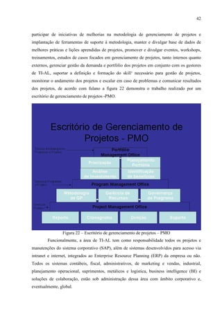 42
participar de iniciativas de melhorias na metodologia de gerenciamento de projetos e
implantação de ferramentas de suporte à metodologia, manter e divulgar base de dados de
melhores práticas e lições aprendidas de projetos, promover e divulgar eventos, workshops,
treinamentos, estudos de casos focados em gerenciamento de projetos, tanto internos quanto
externos, gerenciar gestão da demanda e portfólio dos projetos em conjunto com os gestores
de TI-AL, suportar a definição e formação do skill¹ necessário para gestão de projetos,
monitorar o andamento dos projetos e escalar em caso de problemas e comunicar resultados
dos projetos, de acordo com fulano a figura 22 demonstra o trabalho realizado por um
escritório de gerenciamento de projetos -PMO.
Figura 22 – Escritório de gerenciamento de projetos – PMO
Funcionalmente, a área de TI-AL tem como responsabilidade todos os projetos e
manutenções do sistema corporativo (SAP), além de sistemas desenvolvidos para acesso via
intranet e internet, integrados ao Enterprise Resource Planning (ERP) da empresa ou não.
Todos os sistemas contábeis, fiscal, administrativos, de marketing e vendas, industrial,
planejamento operacional, suprimentos, metálicos e logística, business intelligence (BI) e
soluções de colaboração, estão sob administração dessa área com âmbito corporativo e,
eventualmente, global.
 