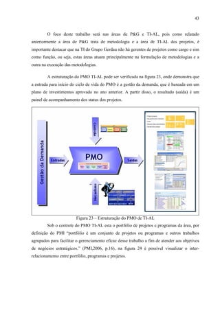 43
O foco deste trabalho será nas áreas de P&G e TI-AL, pois como relatado
anteriormente a área de P&G trata de metodologia e a área de TI-AL dos projetos, é
importante destacar que na TI do Grupo Gerdau não há gerentes de projetos como cargo e sim
como função, ou seja, estas áreas atuam principalmente na formulação de metodologias e a
outra na execução das metodologias.
A estruturação do PMO TI-AL pode ser verificada na figura 23, onde demonstra que
a entrada para início do ciclo de vida do PMO é a gestão da demanda, que é baseada em um
plano de investimentos aprovado no ano anterior. A partir disso, o resultado (saída) é um
painel de acompanhamento dos status dos projetos.
Figura 23 – Estruturação do PMO de TI-AL
Sob o controle do PMO TI-AL esta o portfólio de projetos e programas da área, por
definição do PMI “portfólio é um conjunto de projetos ou programas e outros trabalhos
agrupados para facilitar o gerenciamento eficaz desse trabalho a fim de atender aos objetivos
de negócios estratégicos.” (PMI,2006, p.16), na figura 24 é possível visualizar o inter-
relacionamento entre portfólio, programas e projetos.
 
