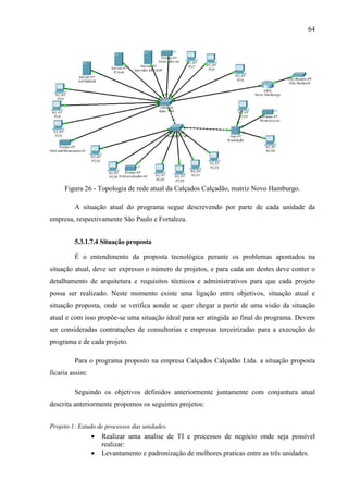 64
Figura 26 - Topologia de rede atual da Calçados Calçadão, matriz Novo Hamburgo.
A situação atual do programa segue descrevendo por parte de cada unidade da
empresa, respectivamente São Paulo e Fortaleza.
5.3.1.7.4 Situação proposta
É o entendimento da proposta tecnológica perante os problemas apontados na
situação atual, deve ser expresso o número de projetos, e para cada um destes deve conter o
detalhamento de arquitetura e requisitos técnicos e administrativos para que cada projeto
possa ser realizado. Neste momento existe uma ligação entre objetivos, situação atual e
situação proposta, onde se verifica aonde se quer chegar a partir de uma visão da situação
atual e com isso propõe-se uma situação ideal para ser atingida ao final do programa. Devem
ser consideradas contratações de consultorias e empresas terceirizadas para a execução do
programa e de cada projeto.
Para o programa proposto na empresa Calçados Calçadão Ltda. a situação proposta
ficaria assim:
Seguindo os objetivos definidos anteriormente juntamente com conjuntura atual
descrita anteriormente propomos os seguintes projetos:
Projeto 1: Estudo de processos das unidades.
• Realizar uma analise de TI e processos de negócio onde seja possível
realizar:
• Levantamento e padronização de melhores praticas entre as três unidades.
 